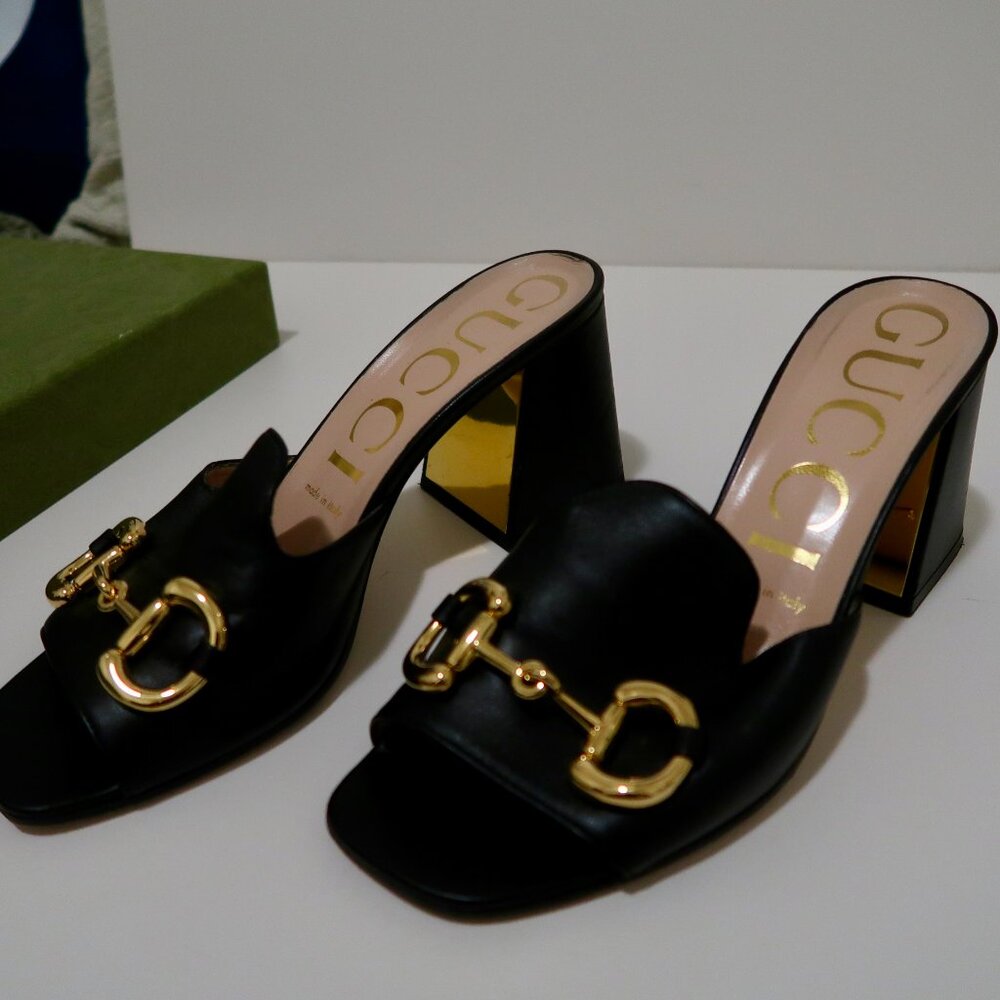 Gucci - Women's Horsebit Block Heel Sandals Leather Size 37.5/US 7